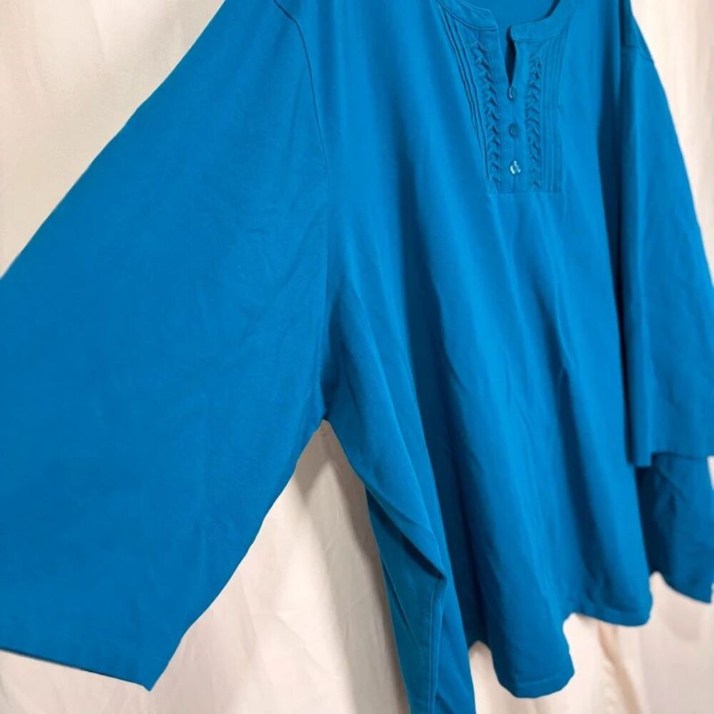 Liz & Me Catherines Plus 6X Blue Henley Pleated Pintuck 3/4 Sleeve Top